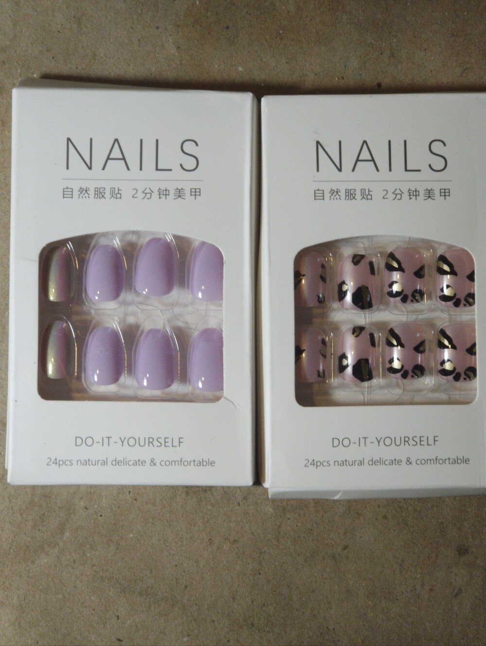 NIB Press On Nails Bundle Set of 2 Lavender Purple + Pink Gold Leopard Print